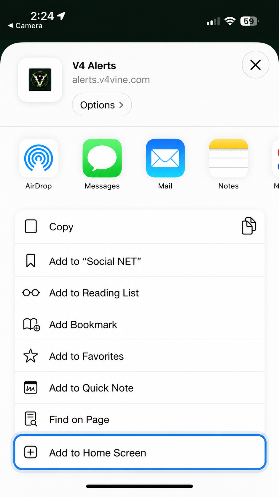Safari Share Sheet with Add to Home Screen highlighted in blue