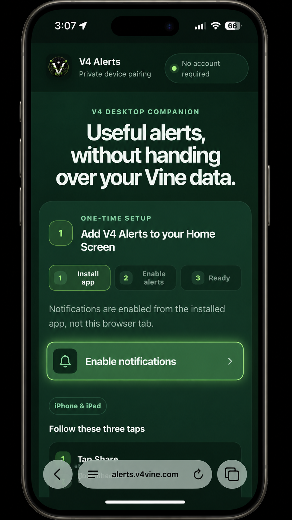 Installed V4 Alerts app with the Enable notifications button highlighted