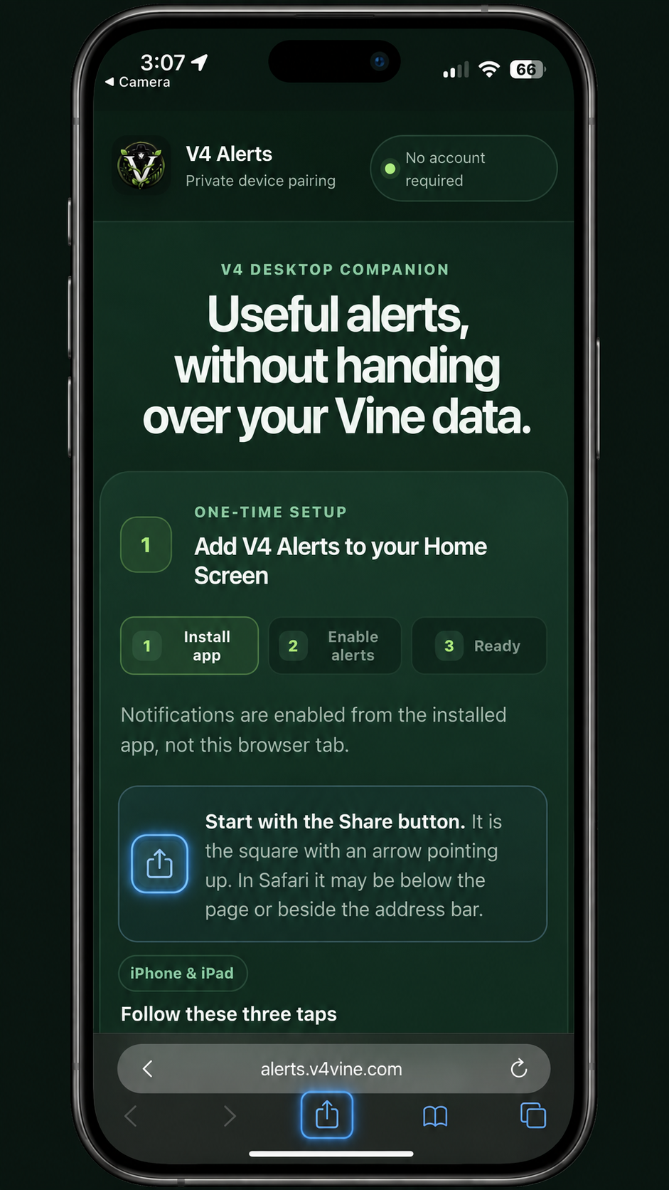 Safari showing the Share button highlighted in blue at the bottom of the screen